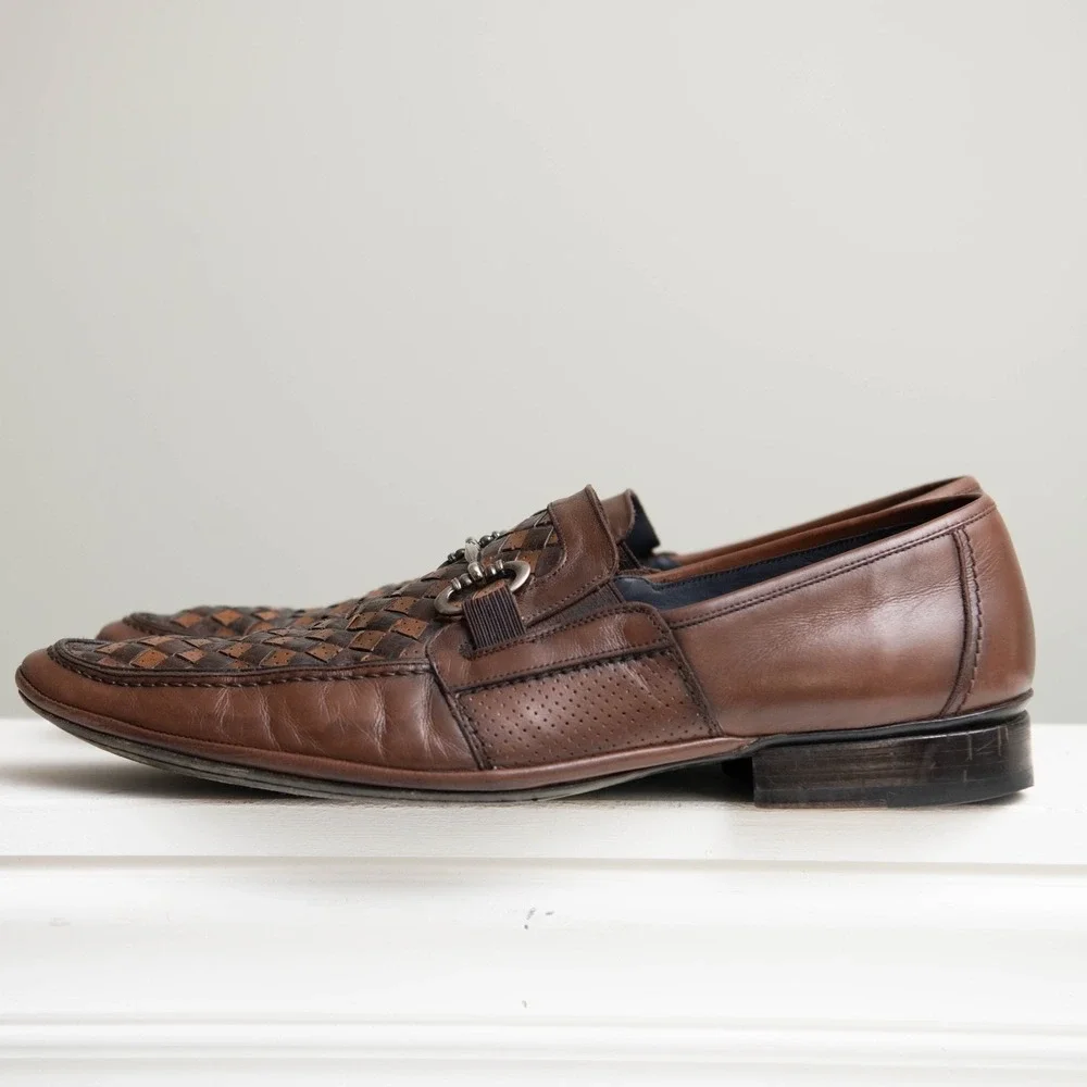 Mezlan Designer‎ Dress Shoes Sz 13 Brown Woven Leather Bit Loafers $475 Luxury